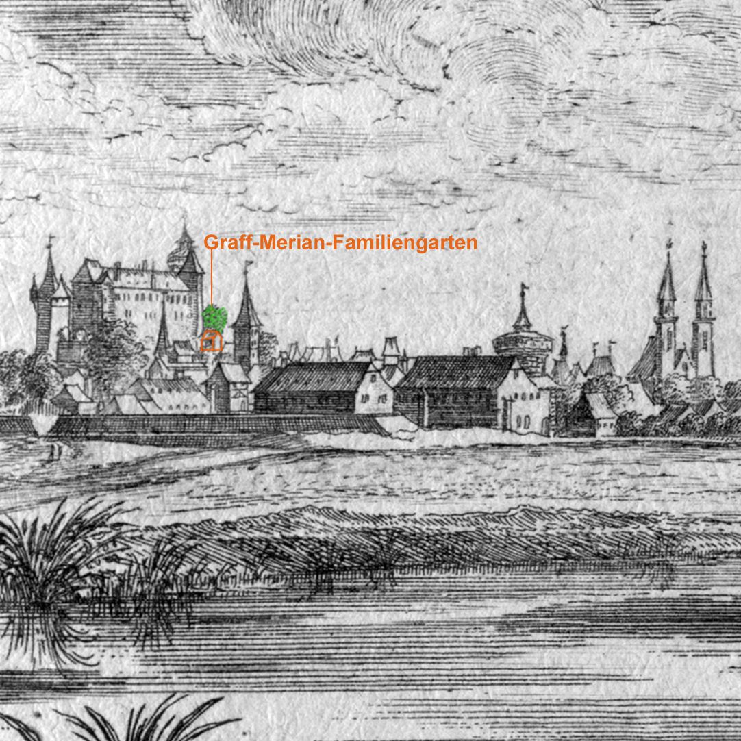 Poets´ grove Detail with view to the Nuremberg Castle, marked section: Graff-Merian family garden next to the imperial chapel