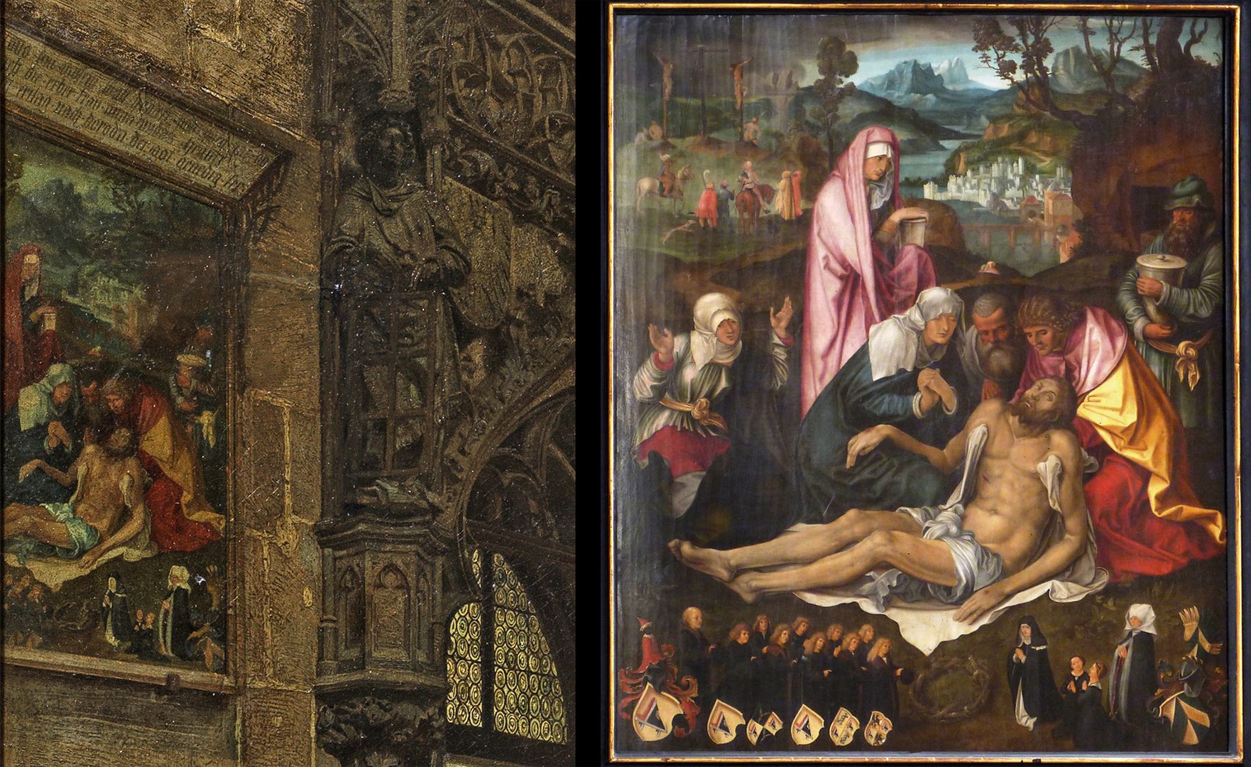 Hochzeitsgesellschaft unter dem Beheim-Chörlein von St. Lorenz links Detail mit der Beweinung Christi von Dürer, rechts die Kopie von Jörg Gärtner d.J. (?) aus dem 17. Jahrhundert in St. Sebald