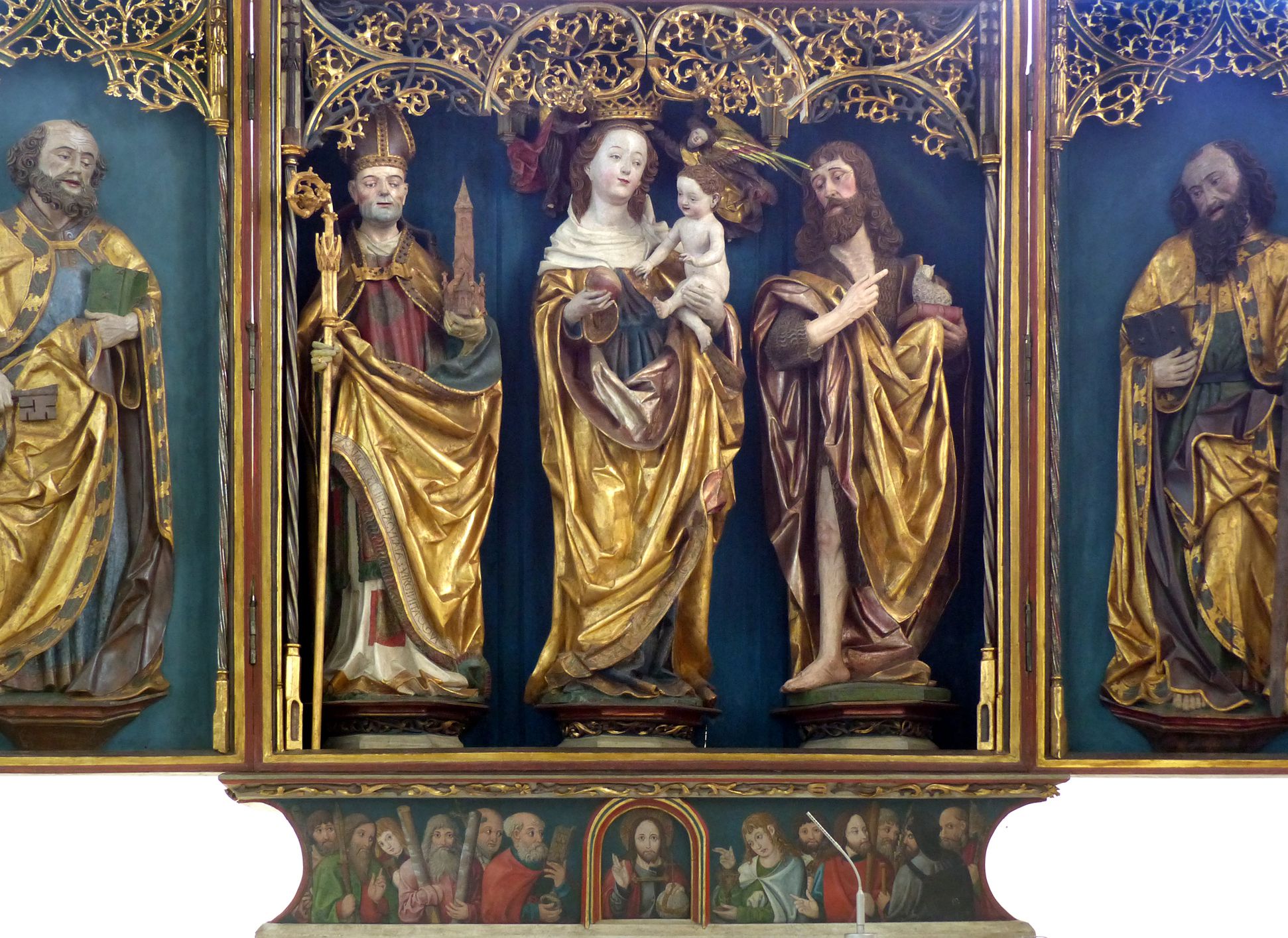Puschendorfer Hochaltarretabel Hauptschrein mit vollplastichen Figuren; Seitenflügel mit Relieffiguren, Predella bemalt