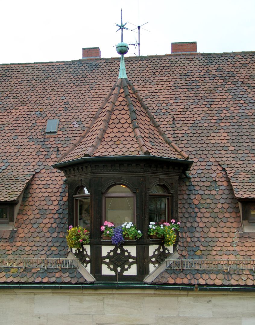 Residential building, Hallerwiese East side with gabled dormer window with ornamental wooden framework