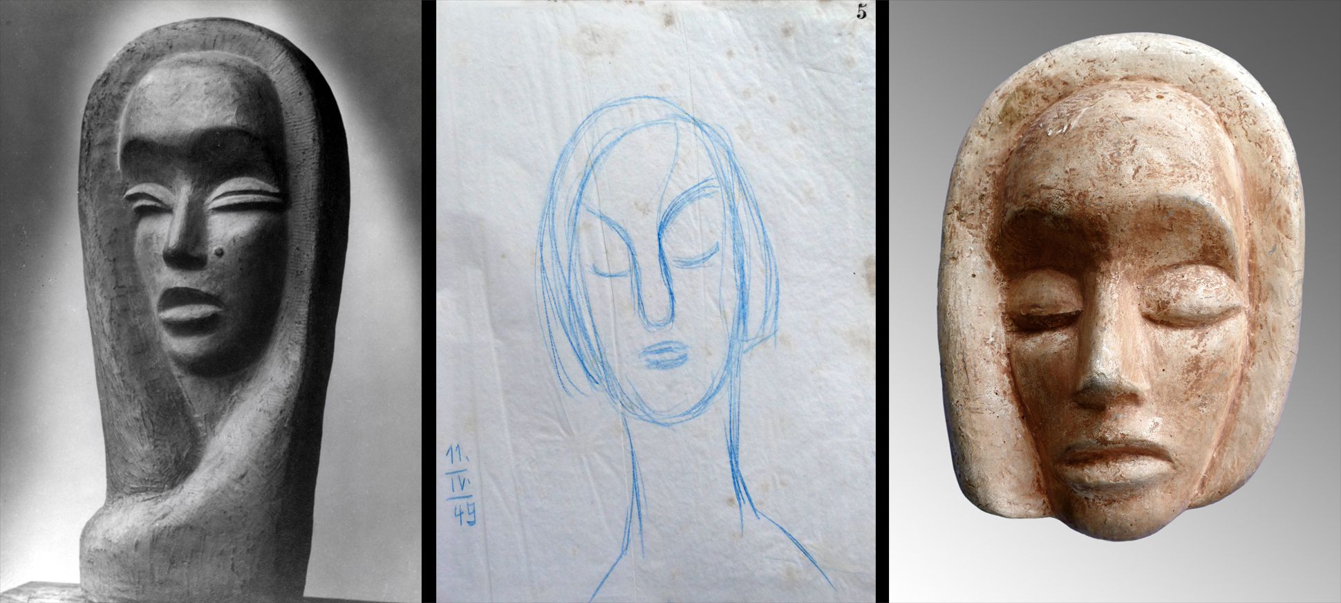 Mask Comparison with another work (location unknown) of the artist and a sketch from the year of origin