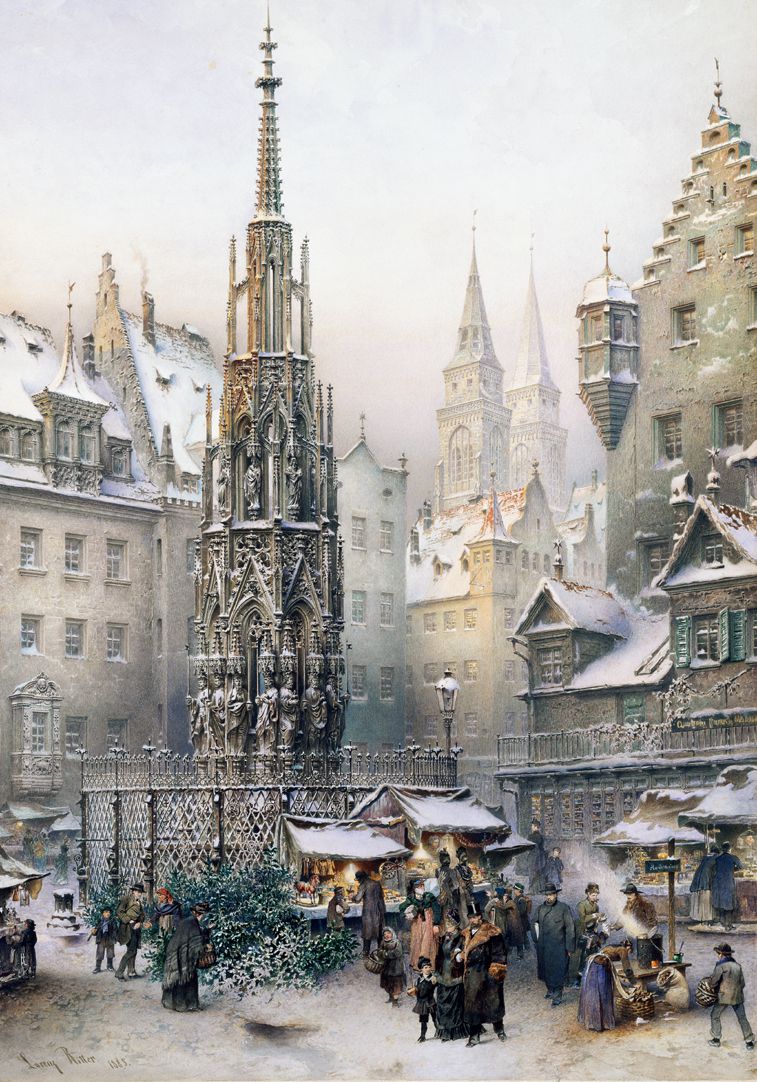 Christkindlesmarkt (Christmas market) with Beautiful Fountain Total view