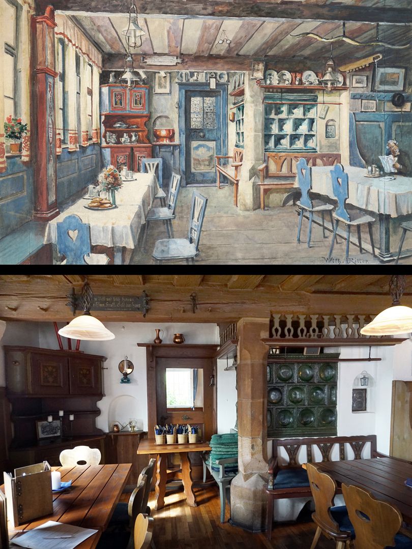 Lutzgarten, restaurant Picure Comparison; above: the historical view; below: a Photo from 2021