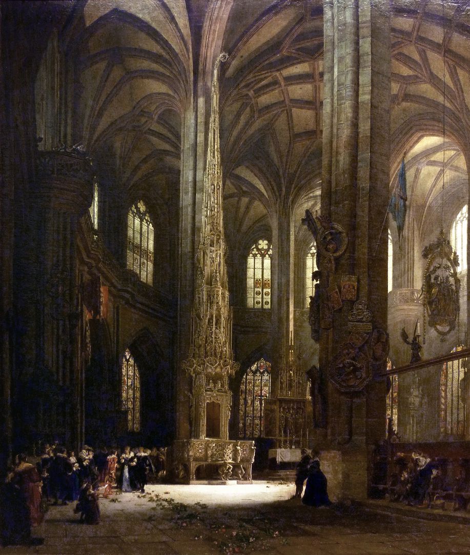 Tabernacle in St Lorenz-Church in Nuremberg with bridal procession form the early 17th century Total view