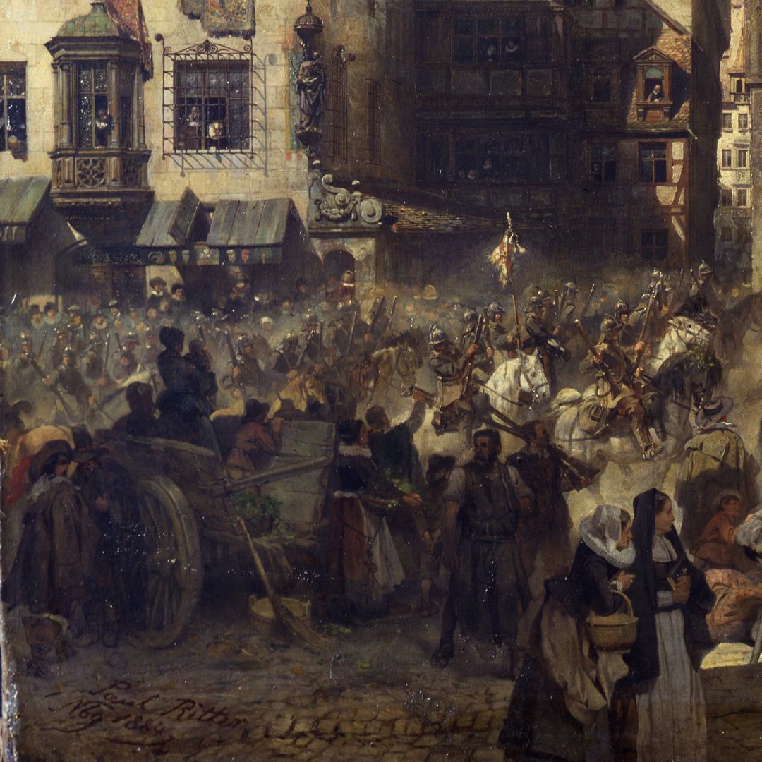 The old show at Nuremberg at the time of Gustav Adolf's entry on 21 March 1632. Lower left part of the picture with the artist's signature