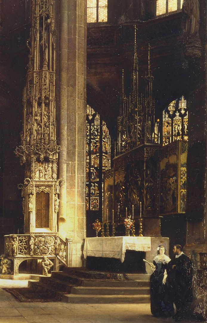 The Sacrament House (Tabernacle) by Adam Kraft in the Lorenzkirche Sacrament house and main altar, whose reredos was decorated by Johann Paul Ritter with the wings of the St Catherine's altar created in the workshop of Michael Wolgemut.