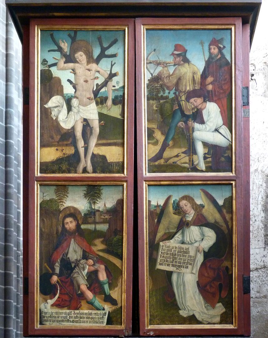 Rochusaltar geschlossene Flügel vorne: oben Martyrium des hl. Sebastian unten hl. Rochus und ein Engel mit Spruchband