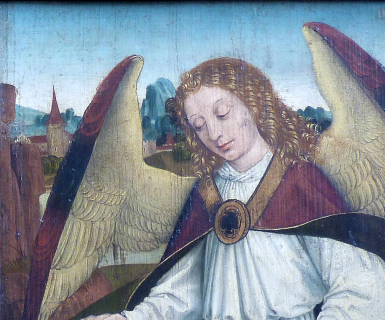 Rochusaltar geschlossene Flügel vorne: unten Engel mit Spruchband / Detail