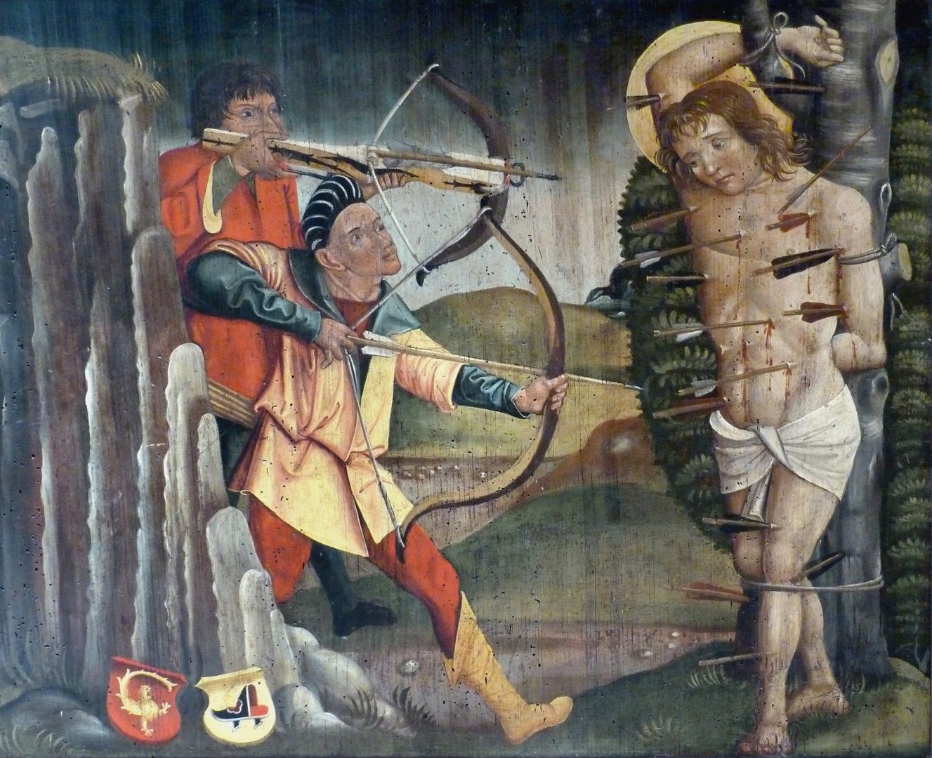 Rochusaltar Antependium: Tafelgemälde, Detail mit Marter des hl. Sebastian / Wappen Imhoff und Holzschuher