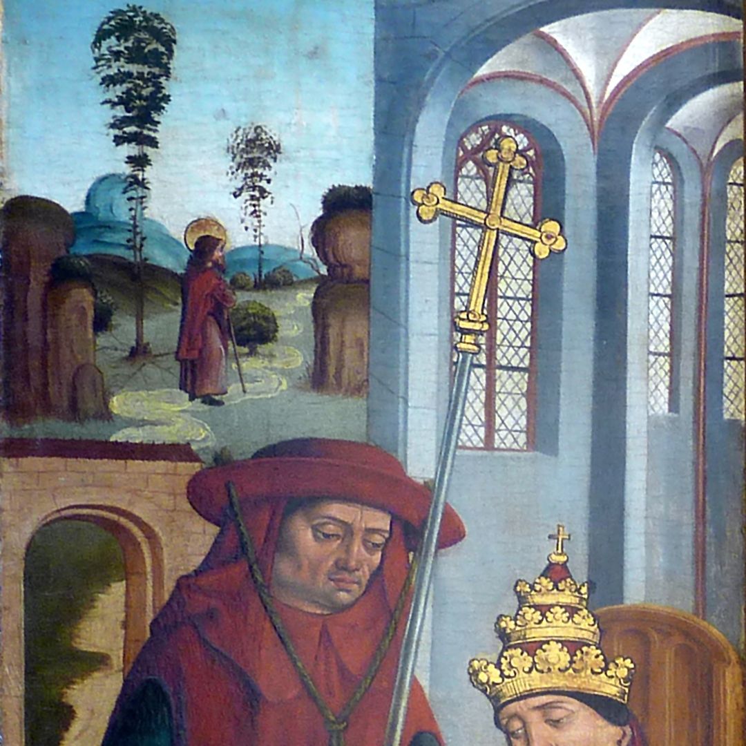 Rochusaltar rechter Flügel, innen, oben: der heilige Rochus vor dem Papst / Detail vom oberen Bildabschnitt