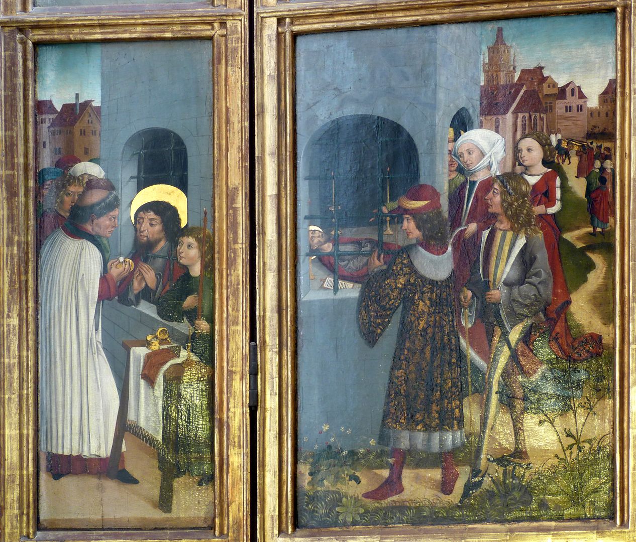 Rochusaltar rechter Flügel, innen, unten: Kommunion des Heiligen im Kerker und - Tod des hl. Rochus