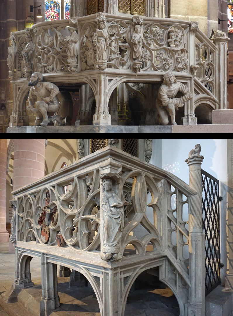 Sacrament house in Schwabach Above: Sacrament House ambulatory stage (1493 - 96) in St. Lorenz Nuremberg / Schwabach below: View under the ambulatory stage from the southeast