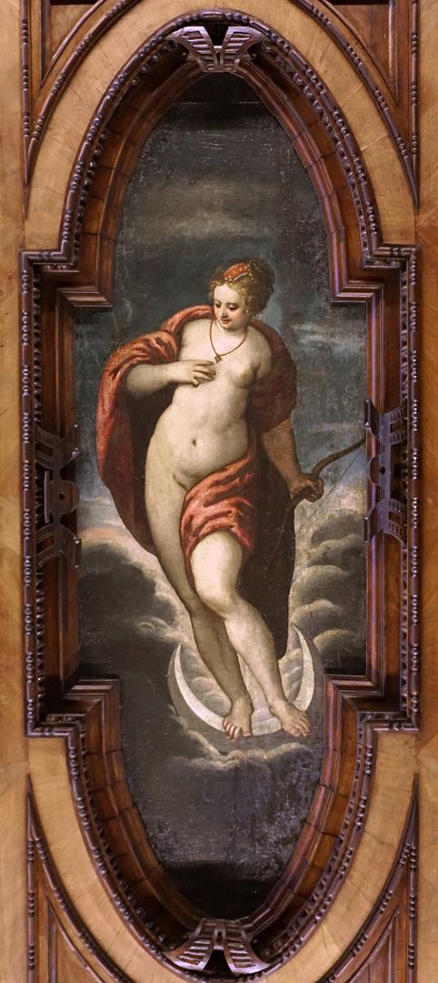 Ceiling of the beautiful room Diana (goddess of hunting and nature, fertility goddess and moon goddess. Depicted with a bow in her right hand, standing on a crescent moon)