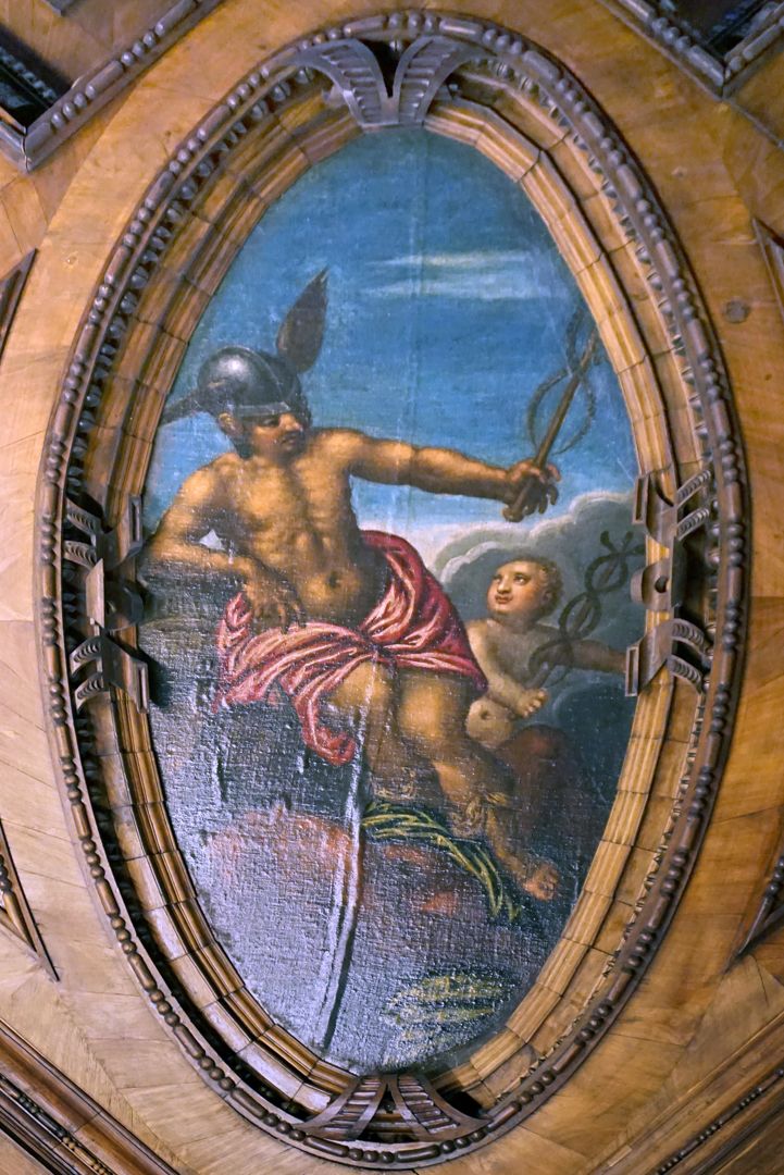 Ceiling of the beautiful room Mercury (The messenger of the gods, god of trade, industry and transport, patron of travelers and wanderers, protector of merchants. Dressed in a winged helmet. In his right hand his attribute, the caduceus staff