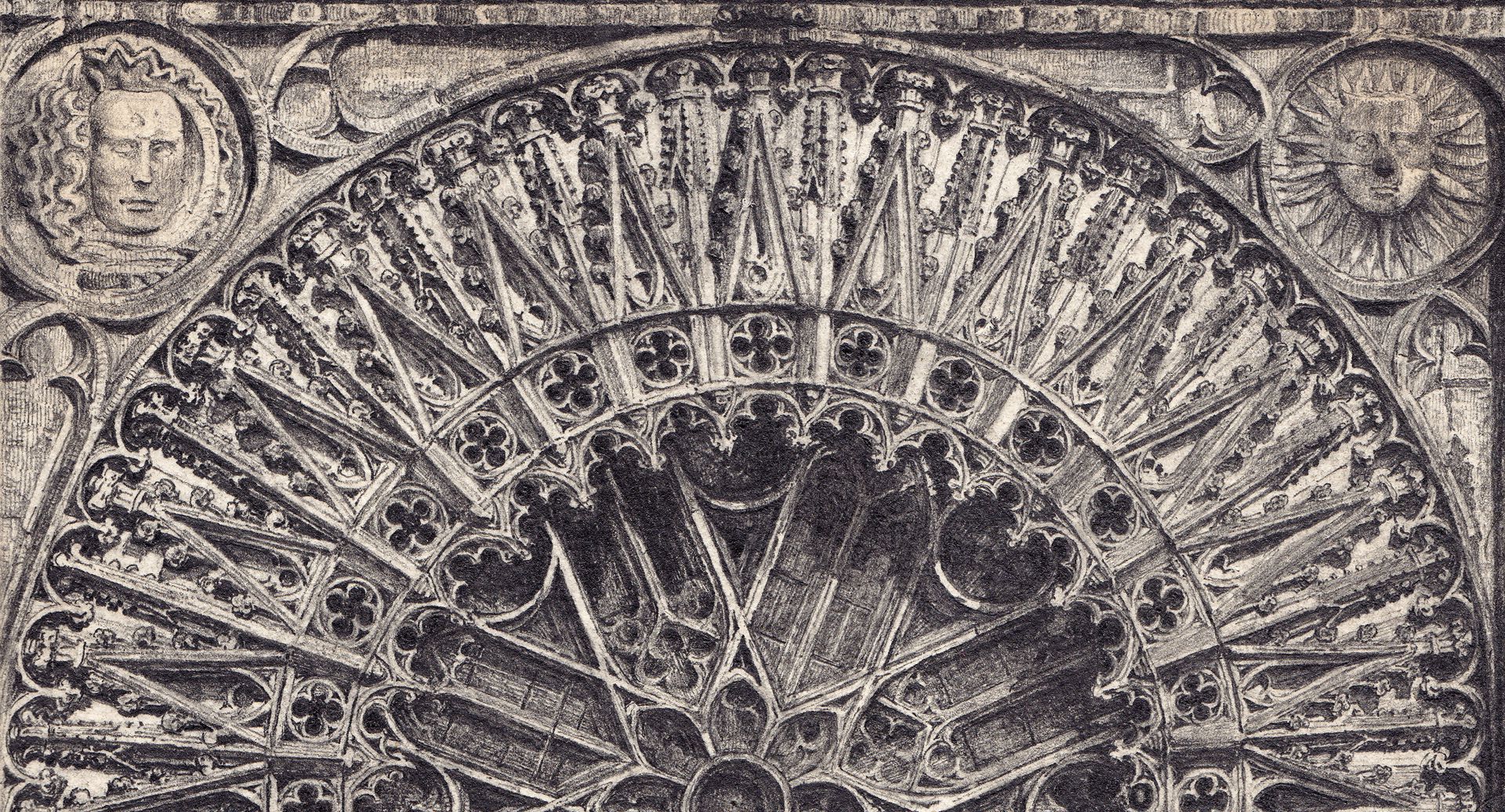 Rose window of St. Lorenz Church Detail view of the upper half