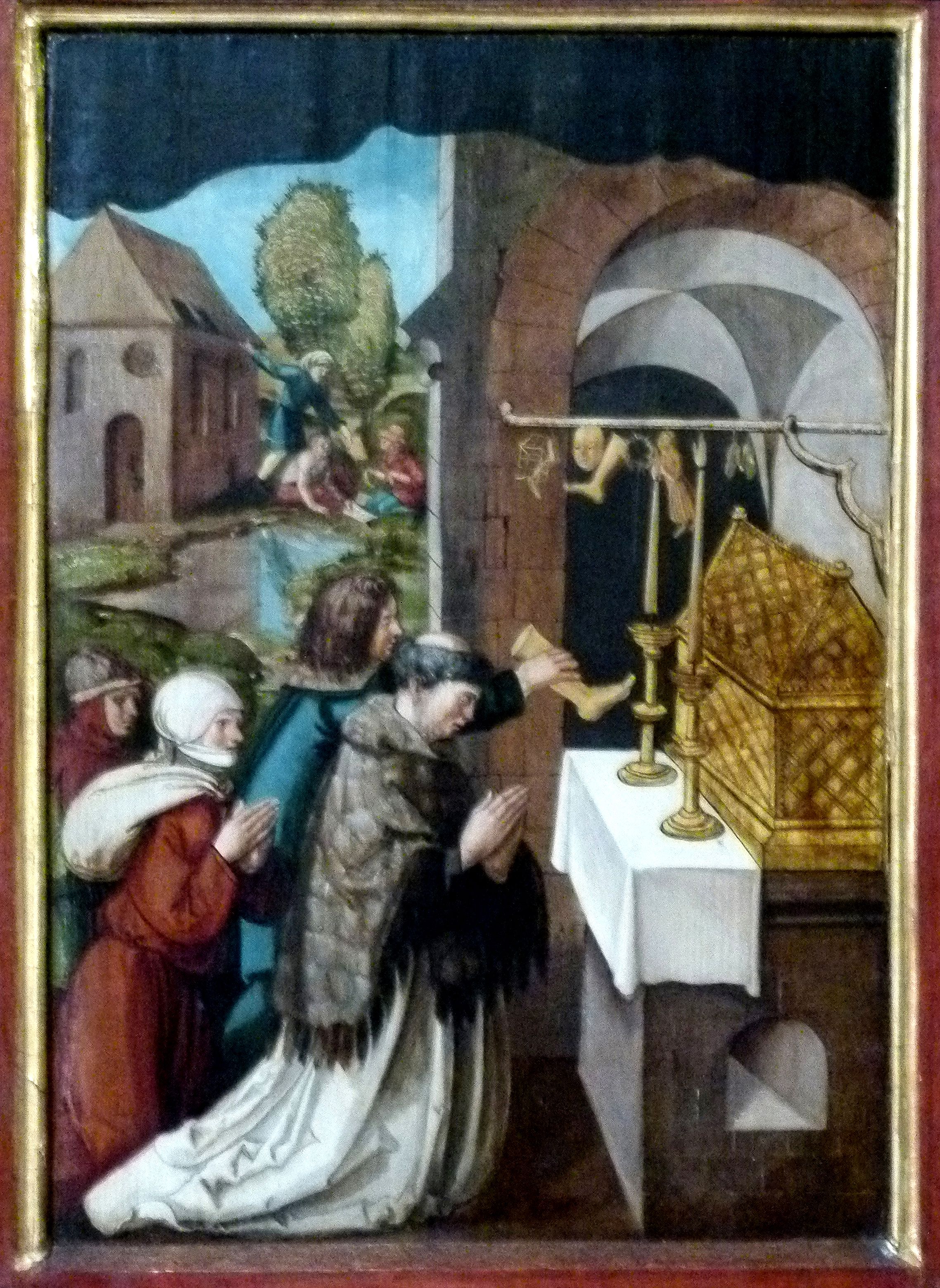 Sebaldus  Altar rechter Flügel, innen unten, Verehrung der Reliquien des hl. Sebald durch Wallfahrer
