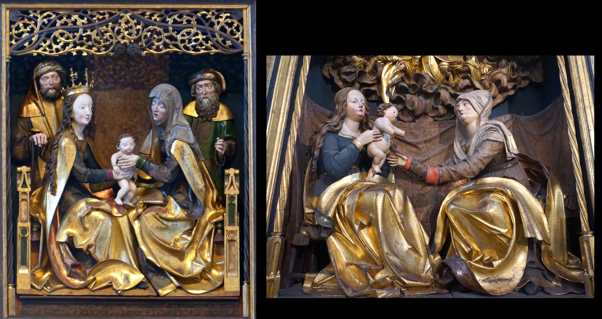 Annen- oder Sippen-Altar Bildvergleich: Sippenaltar in Schwabach von 1508 / Annenaltar in St. Lorenz von 1510: Ähnlicher Szenenaufbau mit goldenen Gewändern, jedoch ist im späteren Altar in St. Lorenz insgesamt eine weichere natürlichere Bewegung der Körpersprache erreicht.