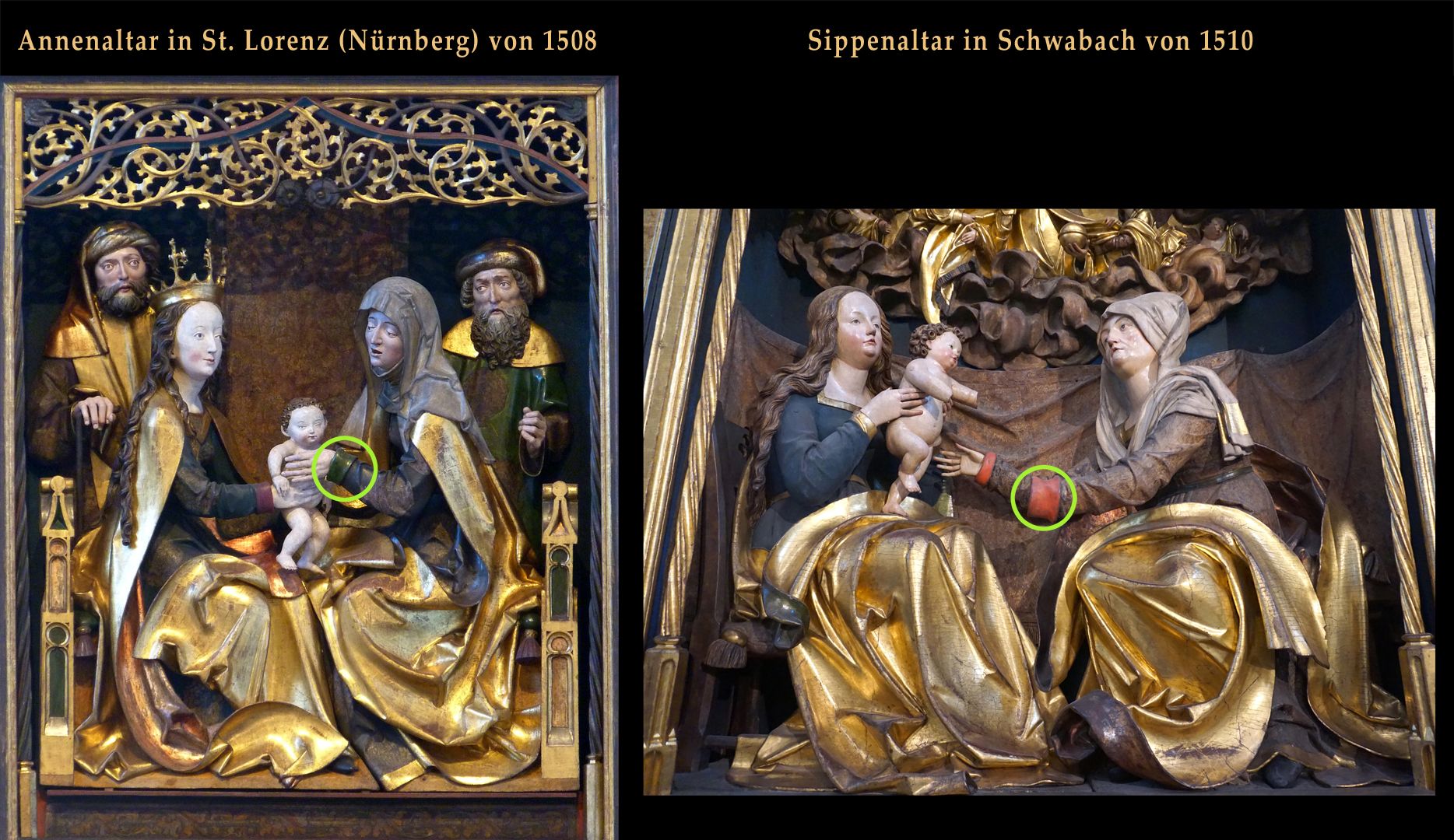 Annen- oder Sippen-Altar Detail mit umgekrempelten Ärmel im Bildvergleich: Sippenaltar in Schwabach von 1508 / Annenaltar in St. Lorenz von 1510 / Die Entwicklung des Faltenwerks im Raum scheint bei der älteren Arbeit wie durch eine unsichtbare Scheibe nach vorne hin begrenzt.
