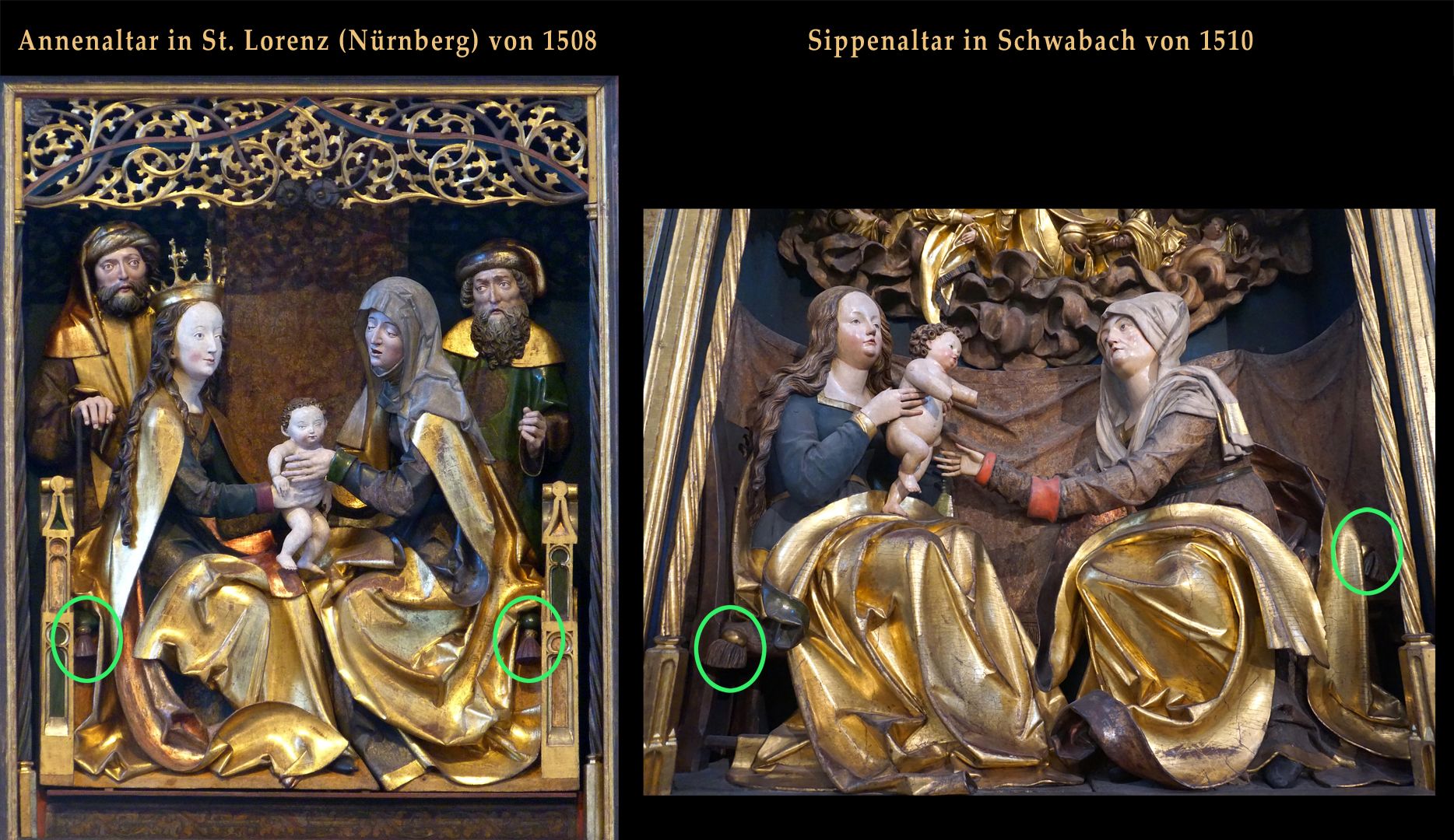 Annen- oder Sippen-Altar Details mit Troddeln im Bildvergleich: Sippenaltar in Schwabach von 1508 / Annenaltar in St. Lorenz von 1510 / Die Führung des Faltenwerks ist im späterem Werk deutlicher in den Raum hinein entwickelt.