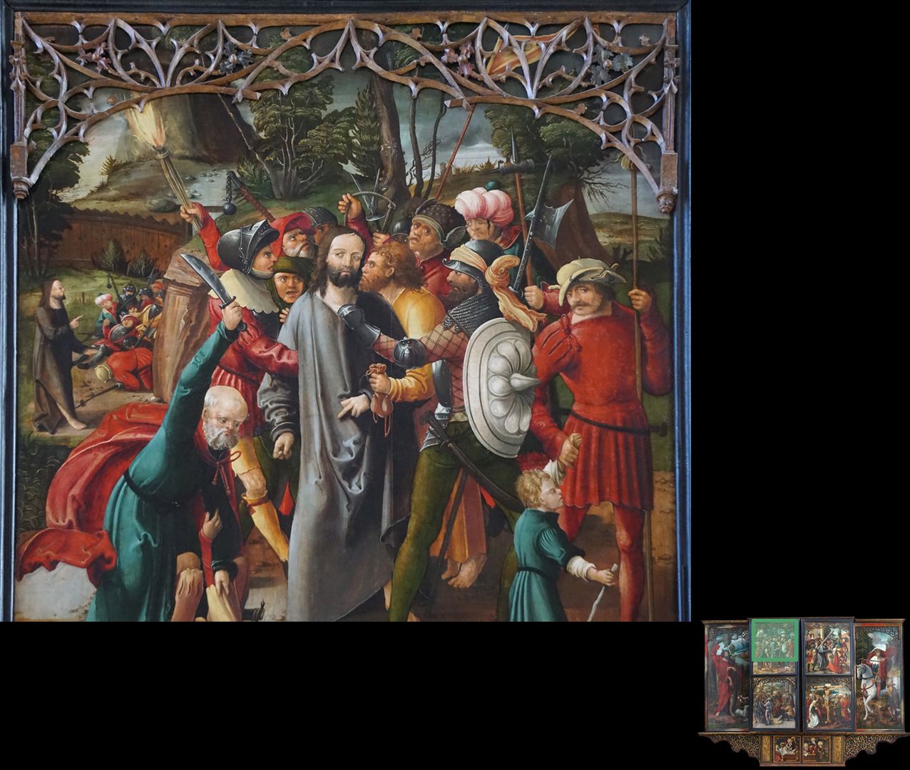 Hochaltar / Schwabach / zweite Wandlung Judas verrät Jesus im Garten Gethsemane und Festnahme, Detail