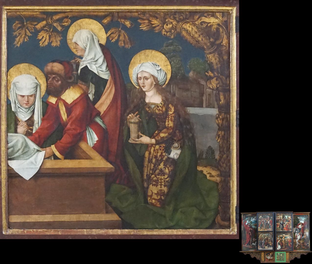 Hochaltar / Schwabach / zweite Wandlung Grablegung Christi / rechter Flügel: Nicodemus trägt die Beine, Magdalena mit dem Ölgefäss, Heilige Frauen