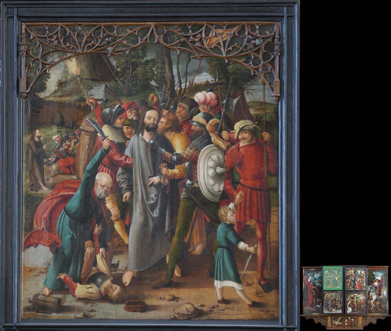 Hochaltar / Schwabach / zweite Wandlung Judas verrät Jesus im Garten Gethsemane und Festnahme, Petrus schlägt einem Mann das Ohr ab.