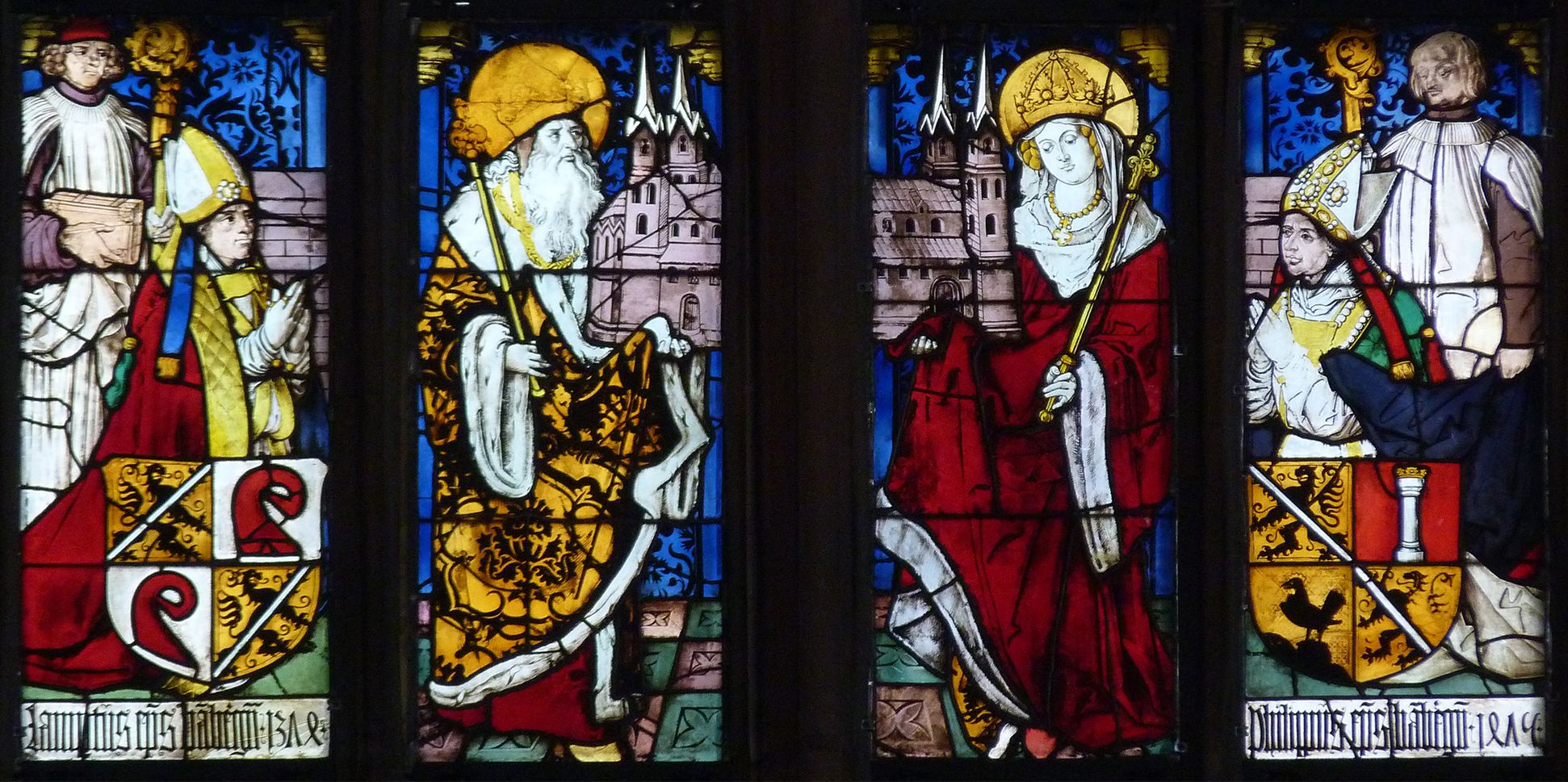 Bamberger Fenster dritte Fensterzeile von unten, Kaiser Heinrich und Kaiserin Kunigunde zwischen zwei Stifterbildern Bamberger Bischöfe