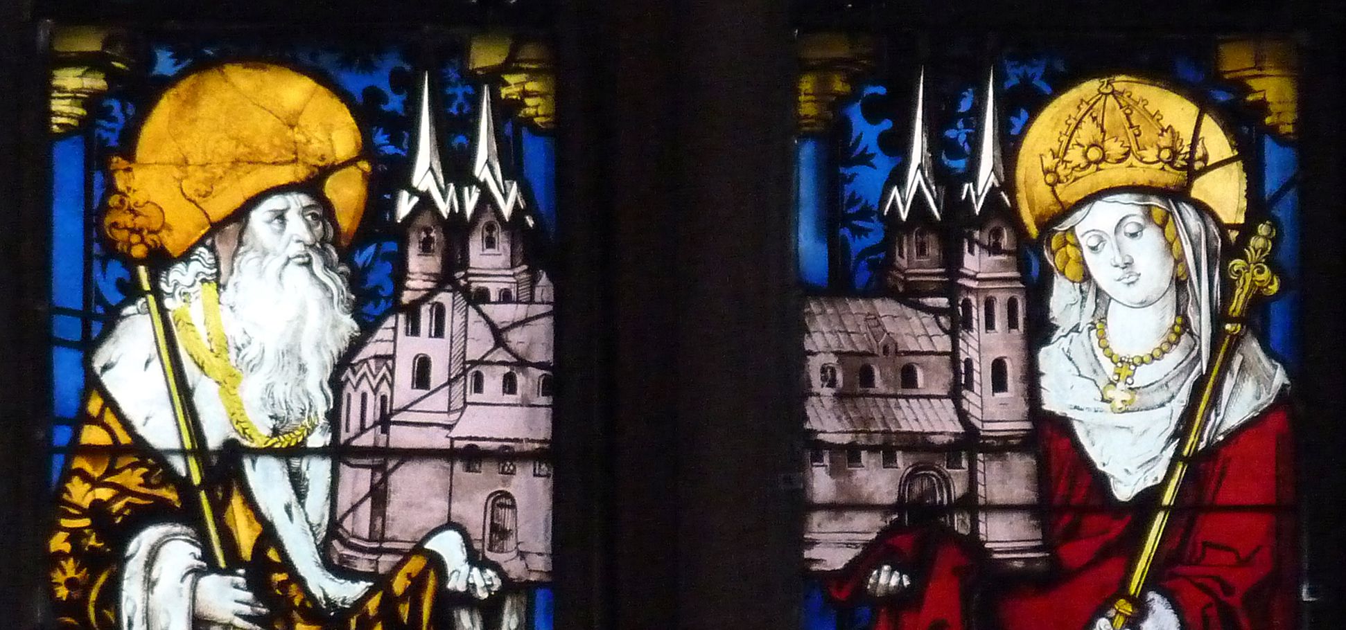 Bamberger Fenster dritte Fensterzeile von unten, zweite und dritte Fensterbahn von links, Kaiser Heinrich und Kaiserin Kunigunde, obere Hälfte