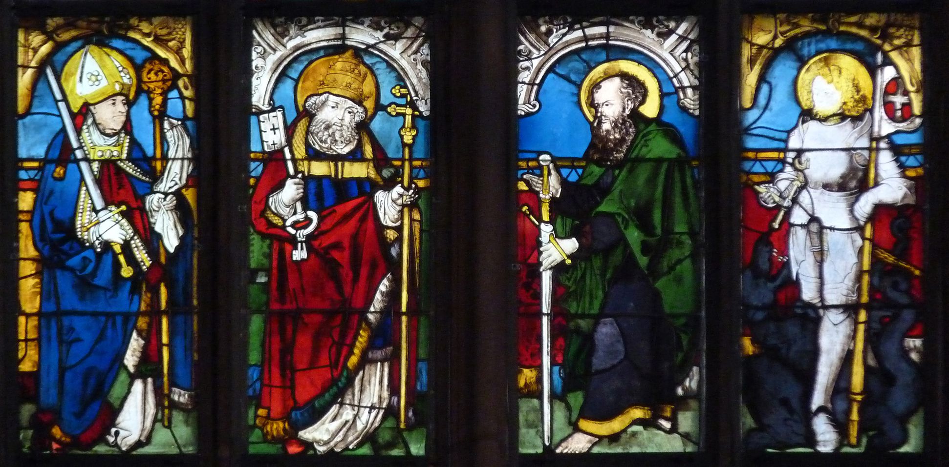 Bamberger Fenster zweite Fensterzeile von unten, Bamberger Domheilige: Kilian, Petrus, Paulus und Georg