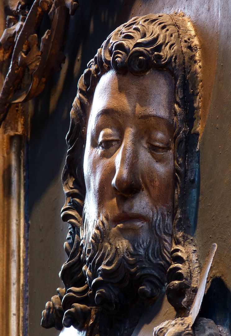 St. Bartholomäus, Hochaltar Linke Flügelinnenseite, Johannes d.T., Kopf, Schrägansicht