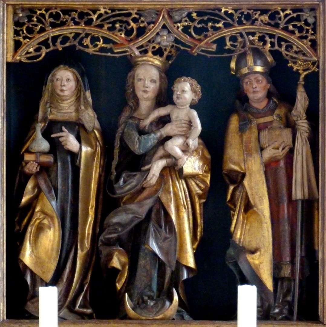 St. Jobst Ottmaraltar, Schrein, Maria mit dem Kinde zwischen der heiligen Walburga und dem heiligen Ottmar, Umkreis des Veit Stoss, nach 1500
