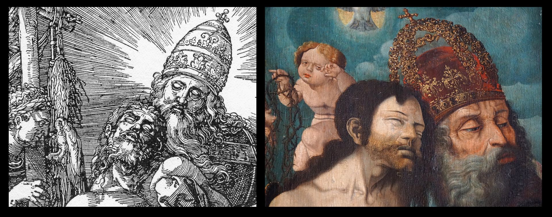 Dürer's foundation plaque Die päpstliche Tiara Gottes bei Dürer ist hier sicherlich konfessionsbedingt zu einer Kaiserkrone geworden.