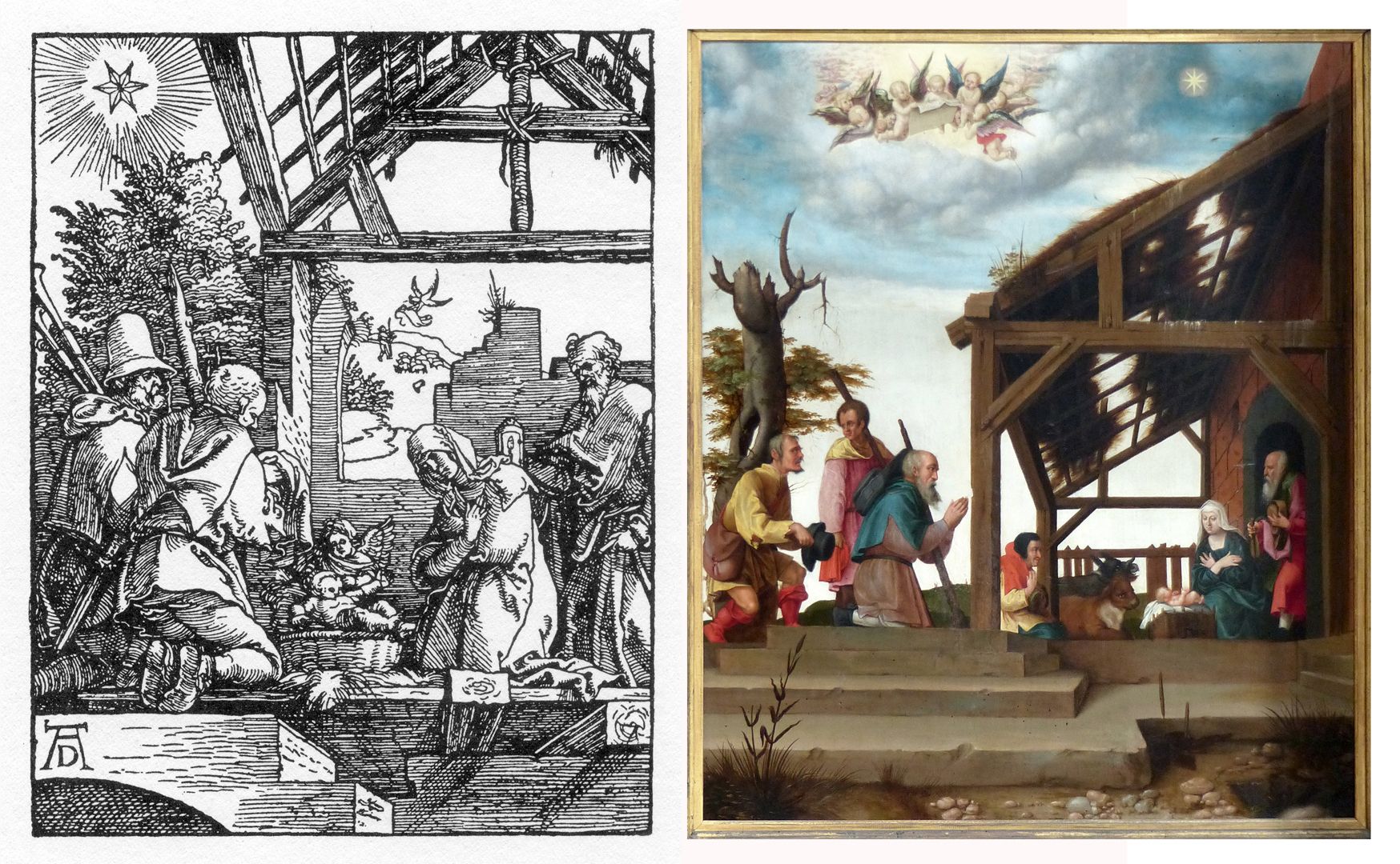 Dürer's foundation plaque Comparison images, details from: Dürer, The Little Passion, 1509 - 1511, Birth of Jesus