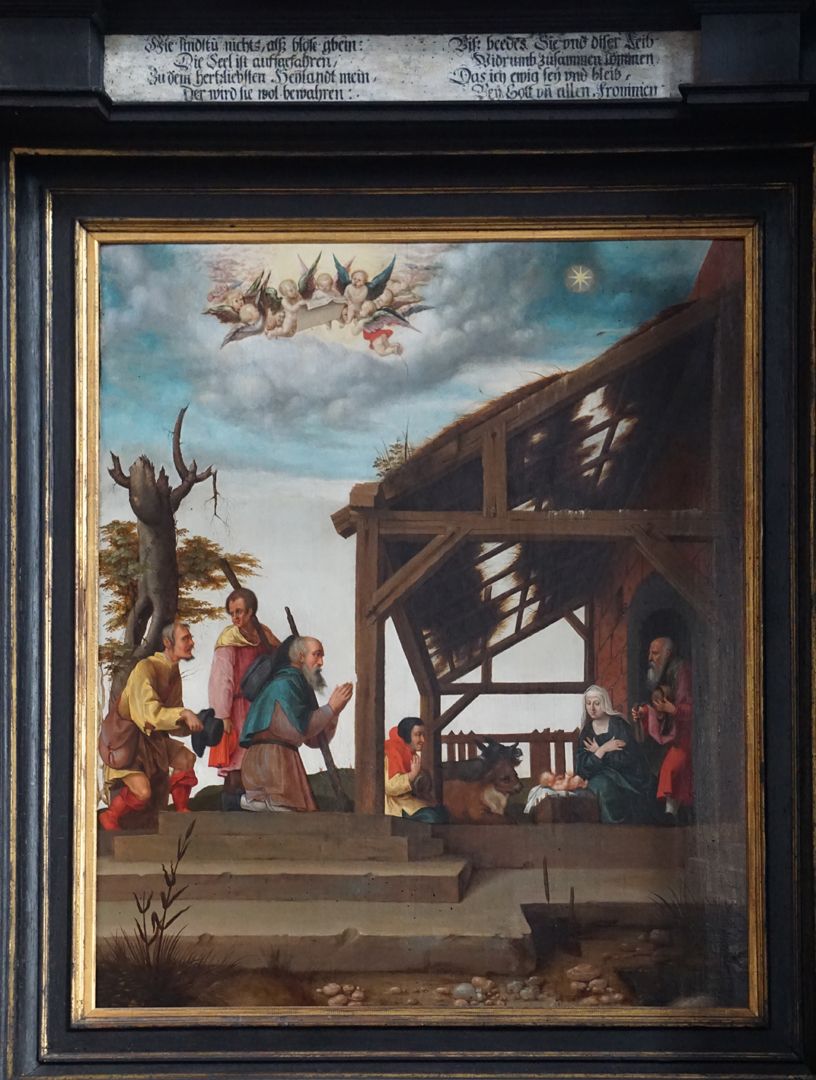 Dürer's foundation plaque Adoration of the Christ child by the shepherds and upper inscription