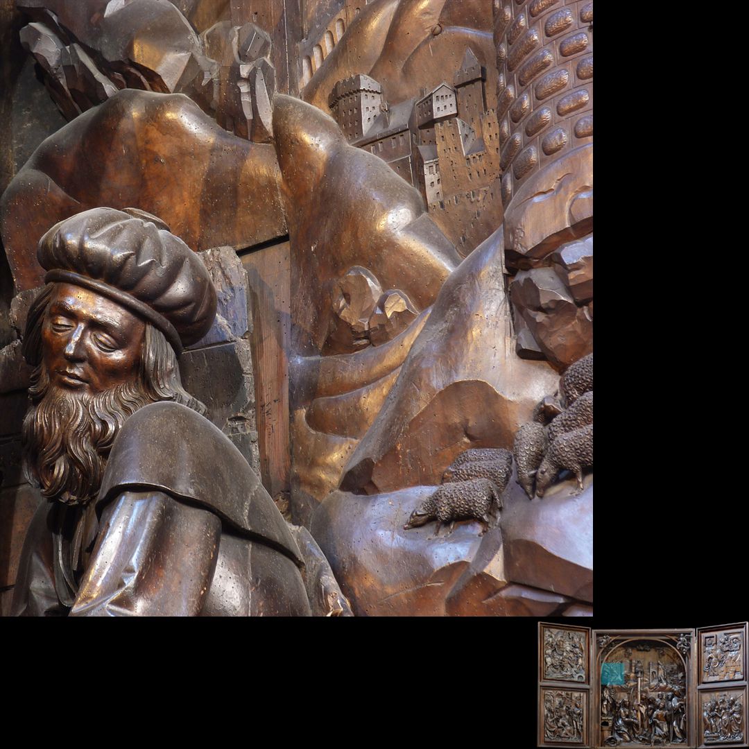 Marien-Altar Schrein, Detail des linken Hintergrundes mit Kopf des Joseph