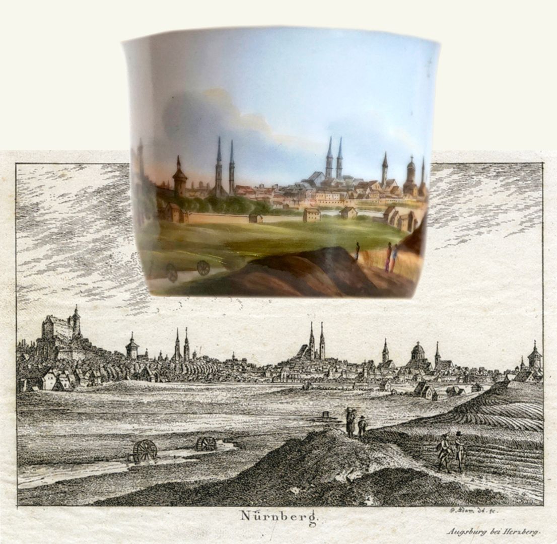 Tasse mit Nürnberg-Ansicht von Südwesten (Blick von der Deutschherrenwiese) Bildvergleich der Vorlage von Georg Adam aus dem Jahre 1820 mit der Malerei auf der Tasse