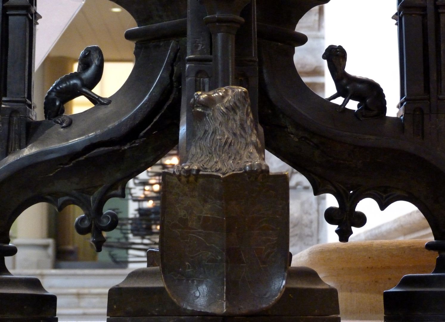 Baptismal font Lion at the pillar basis with Thuringian coat of arms