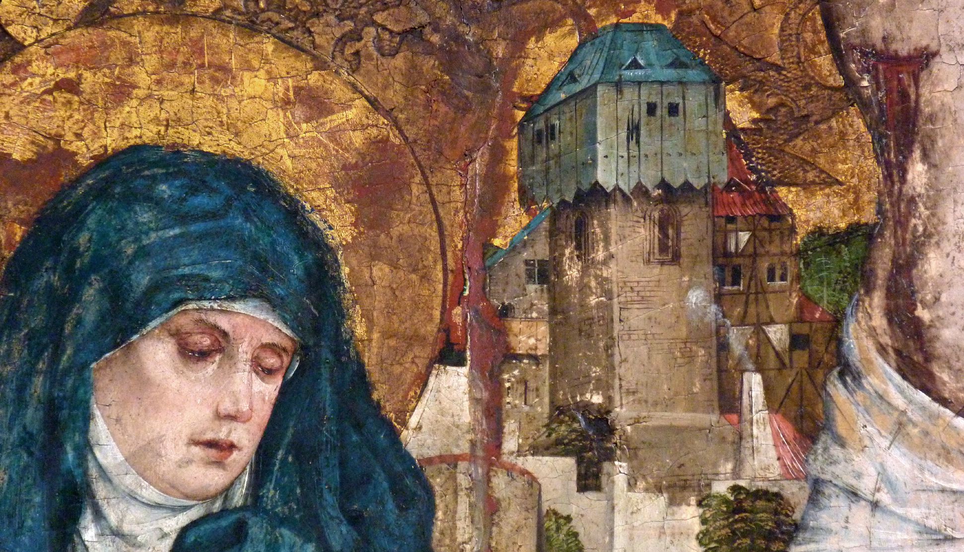 Epitaph der Margarethe von Obernitz, geborene Tetzel Kopf der Maria mit Details einer Stadtansicht, die Seitenwunde Jesu