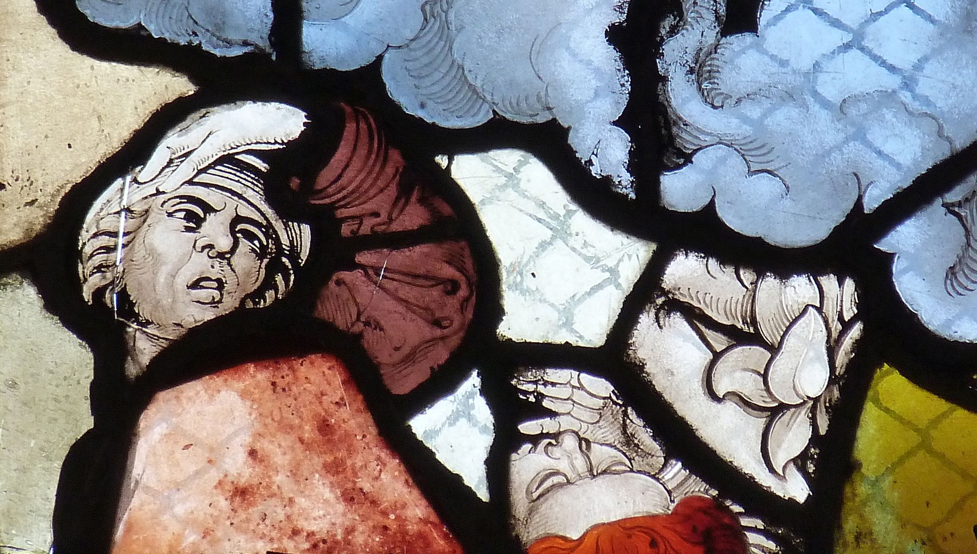 Chorfenster in der Tetzelkapelle Fenster 2 a, Menschenfragmente, In Scorzo-Ansicht