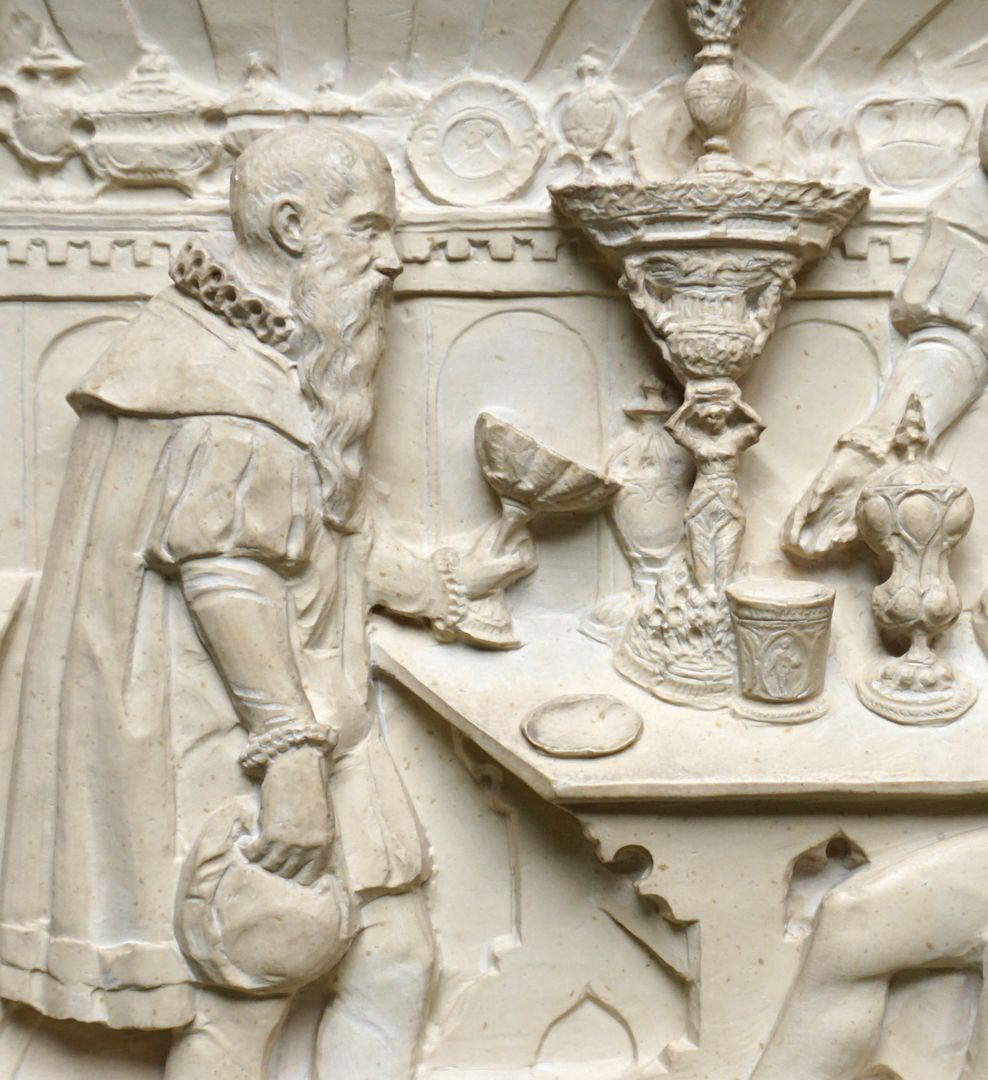 Kaiser Maximilian II. in Wenzel Jamnitzers Goldschmiedewerkstatt Jamnitzer zeigt Kaiser Maximilian II. verschiedene Objekte seiner Kunst, auf dem Tisch in der Mitte der "Merkel'schen Tafelaufsatz" von 1549