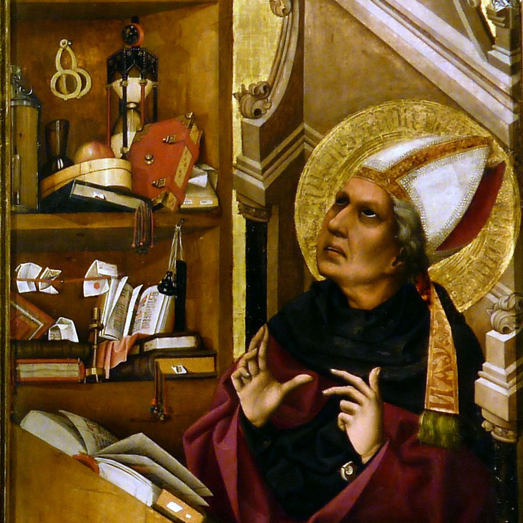 Tucheraltar Heiliger Augustinus mit Regal, darin sind aufbewahrt: Klappbrille, Sanduhr, Tintenfass, Laterne, Spanschachtel, Bücher, Briefe, Leuchter usw.
