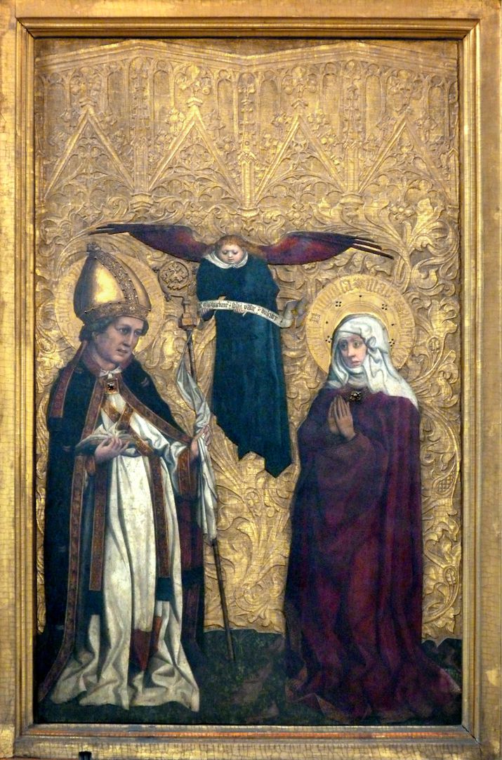 Tucheraltar L. Flügelseite, der hl. Augustinus, seine Mutter die hl. Monika und Spruchbandengel (Vision des Augustinus)