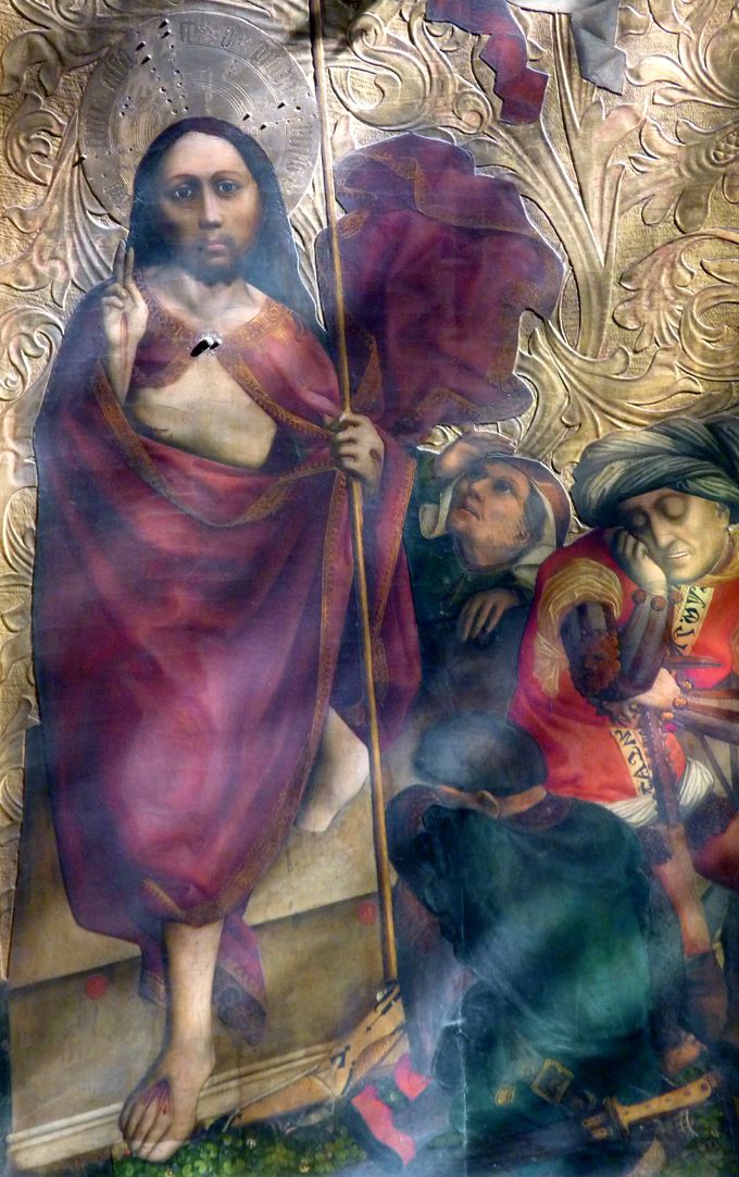 Tucheraltar Mitteltafel, rechts, Auferstehung Jesu, Foto im Streiflicht