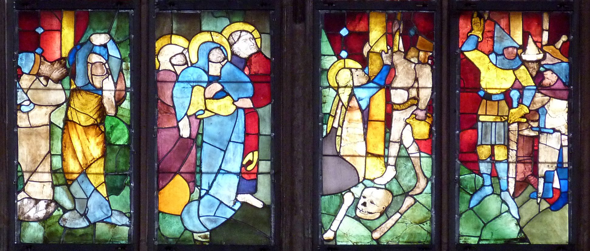 Tucher-Fenster Fünfte Zeile: Trauernde, Magdalena unter dem Kreuz, Hauptmann und Soldaten