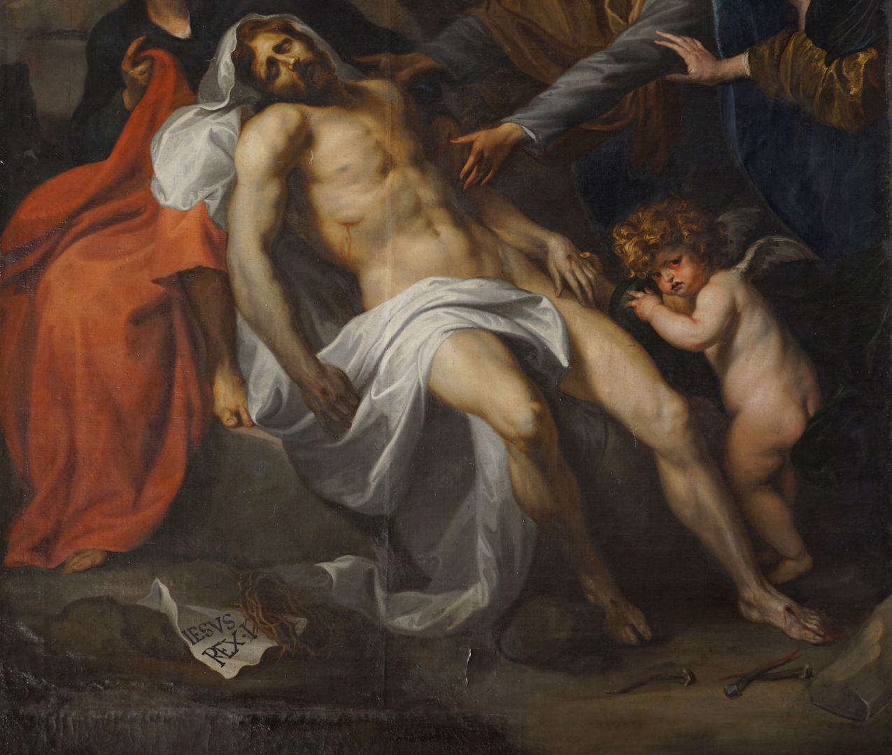 Lamentation of Christ Detail view, clearly recognizable the lower appendage