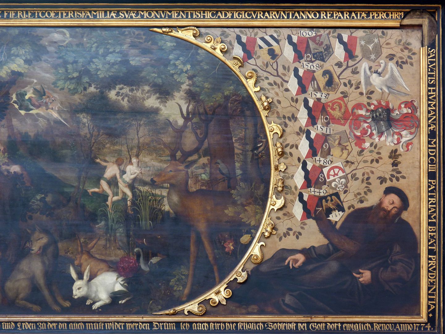 Remembrance picture of the family Behaim Right part of the picture, from left to right: expulsion of Man, animals, lying patriarch of the family Behaim with coat of arms and banners