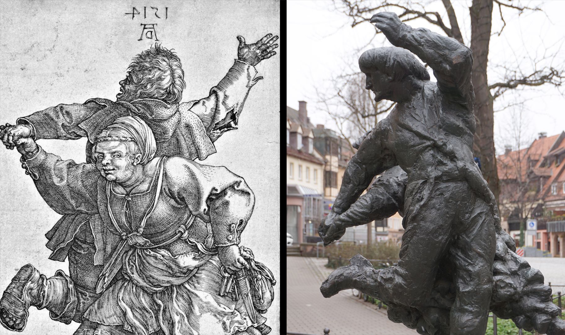 Dancing peasant couple Image comparison: copperplate engraving (here mirrored horizontally) by Dürer from 1514 with the finished sculpture.