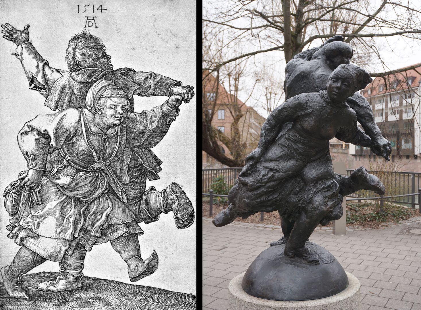 Dancing peasant couple Image comparison: copperplate engraving by Dürer from 1514 with the finished sculpture.