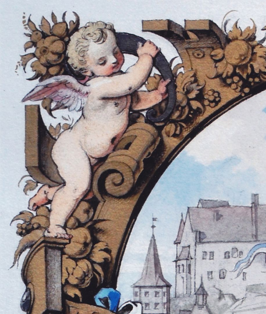 Title page of a splendid binding left uppe corner with putto