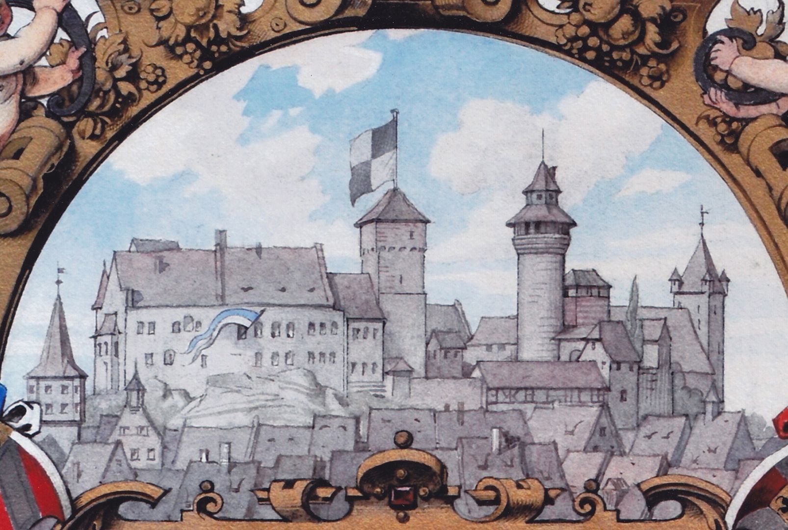 Title page of a splendid binding Nuremberg castle silhouette. On the Heidenturm flag with Hohenzollern coat of arms, in the window of the Palas white-blue flag for the Kingdom of Bavaria.